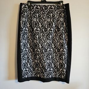 Worthington Pencil Skirt Size 14 Black and White Lace Insets NWOT